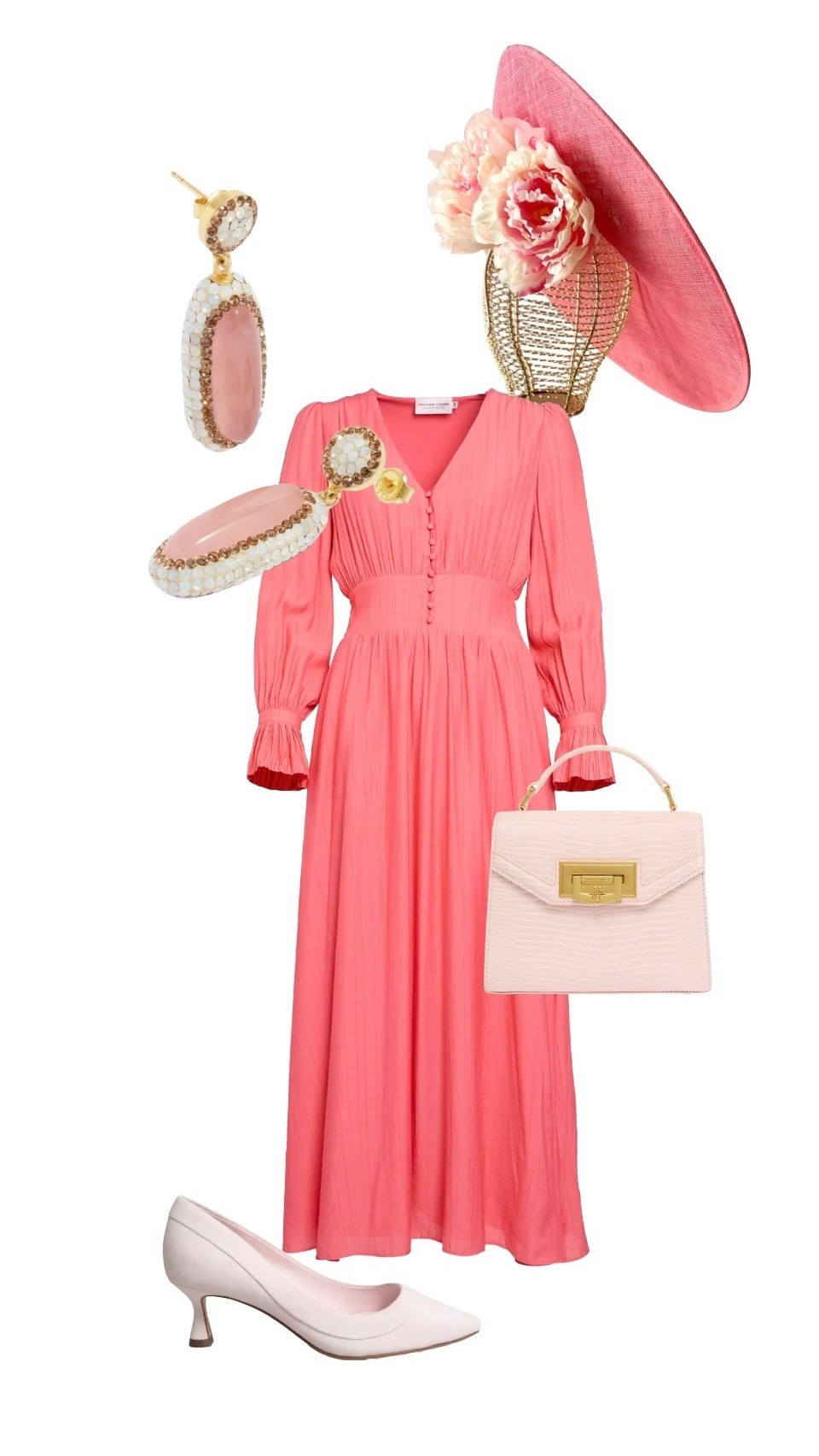 Phoebe V Neck Maxi Dress in Coral and Cheltenham Handbag - Holland Cooper 

Rose Quartz Double Sided Drop Earrings - Soru Jewellery

Faye Pink Suede Heels - Hobbs London (seasonal sale!) 

Coral Floral Hat / Fascinator - House of London Hats at Etsy

#LTKeurope #LTKdresses #LTKwedding #LTKdresses #LTKsummer #LTKuk