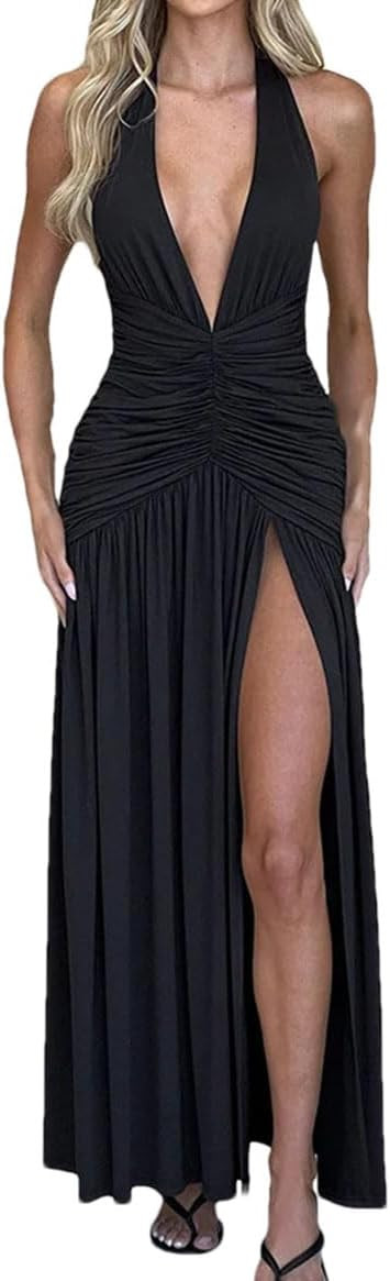 Women Deep V Neck Backless Maxi Dress Solid Sleeveless Thigh High Split Long Dress | Amazon (US)