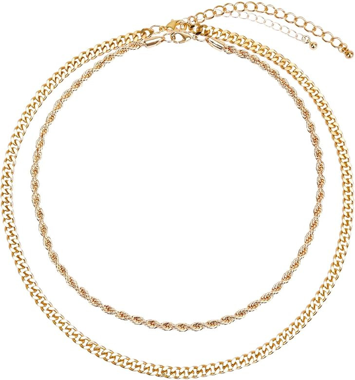 Amazon.com: BaubleStar Cuban Curb Link Layered Collar Necklace Gold Layering Twisted Rope Chain C... | Amazon (US)