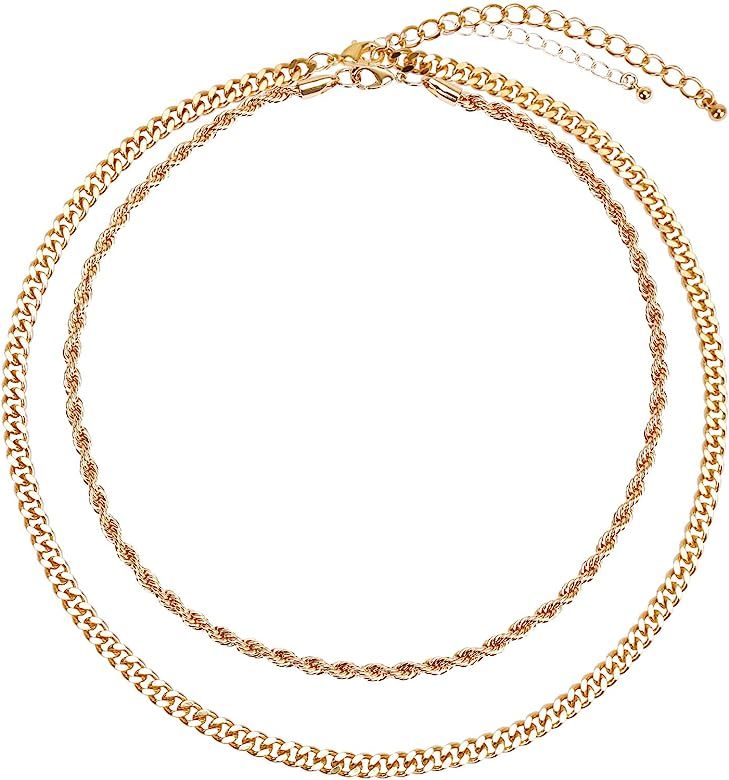 Amazon.com: BaubleStar Cuban Curb Link Layered Collar Necklace Gold Layering Twisted Rope Chain C... | Amazon (US)