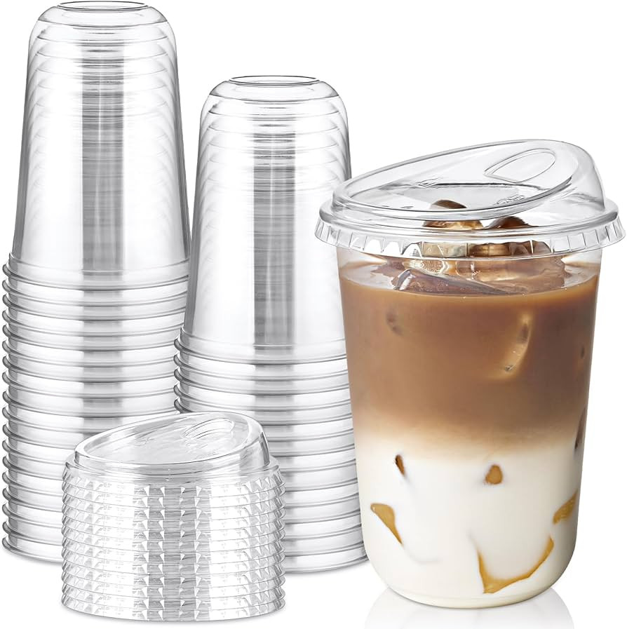 Soelomu 16 Oz Round Bottom Clear Plastic Cups with Strawless Sip Lids, 50 PCS Iced Coffee Cups, D... | Amazon (US)