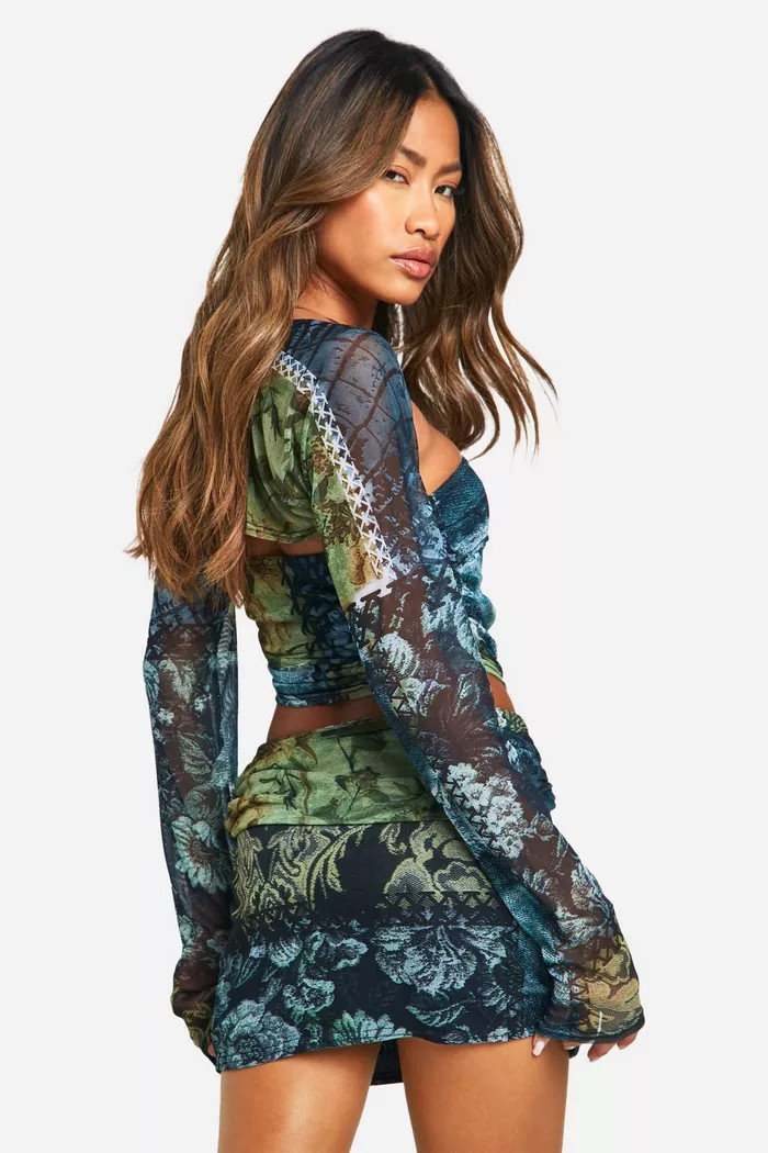 Bolero Printed Mesh Crop Top | Boohoo.com (UK & IE)