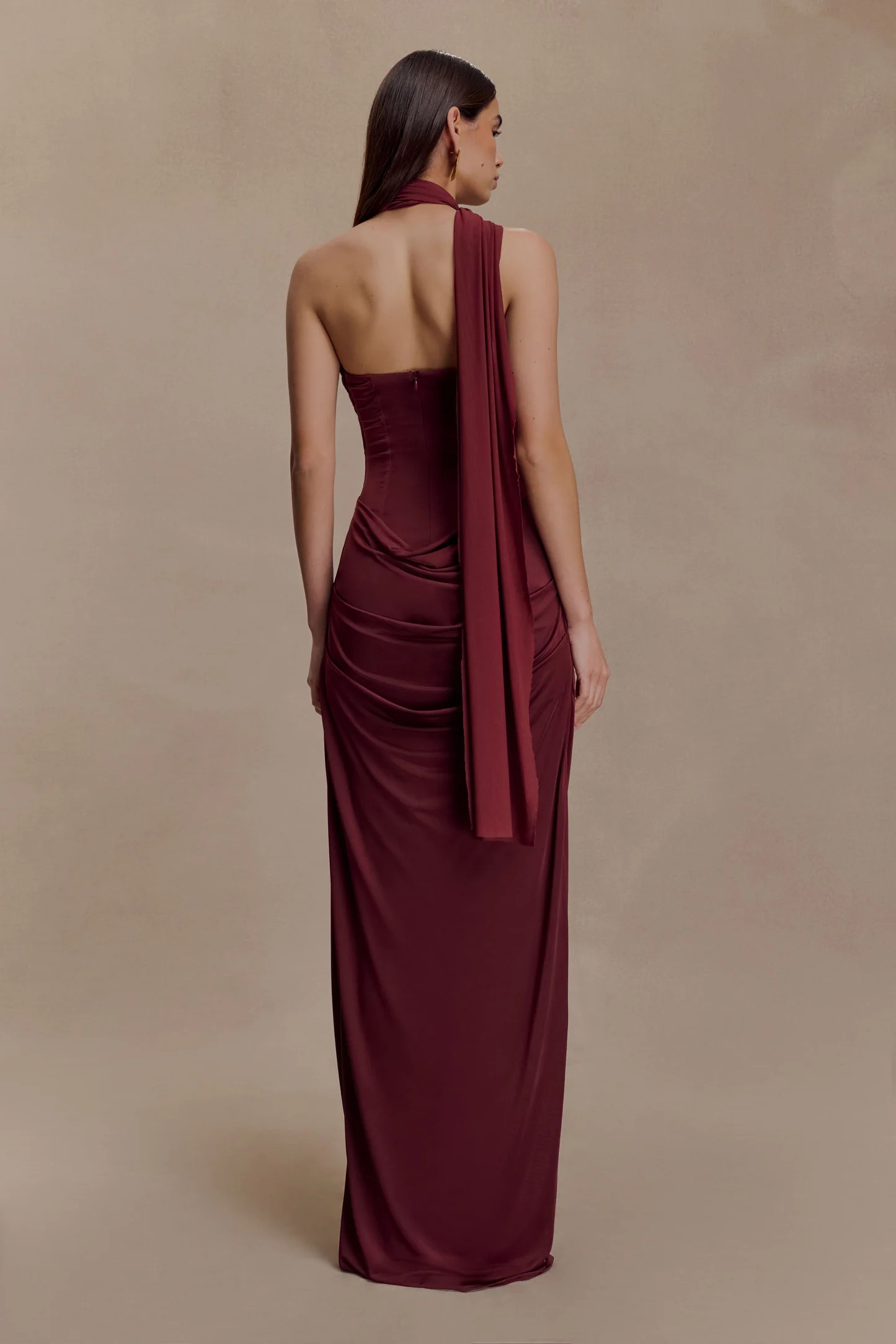 Mattea Slinky And Mesh Maxi Dress With Scarf - Burgundy | MESHKI US