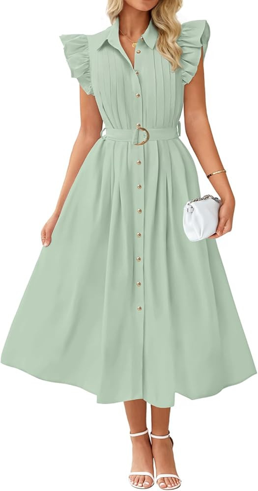 ZESICA Women's 2025 Summer Boho Button Midi Dresses Casual V Neck Flutter Sleeve Belted Long Dres... | Amazon (US)