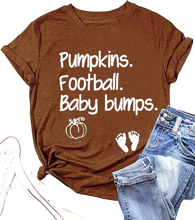 Pumpkins Football Baby Bumps T-Shirt Women Halloween Maternity Shirt Cute Fall Pumpkins Graphic P... | Amazon (US)