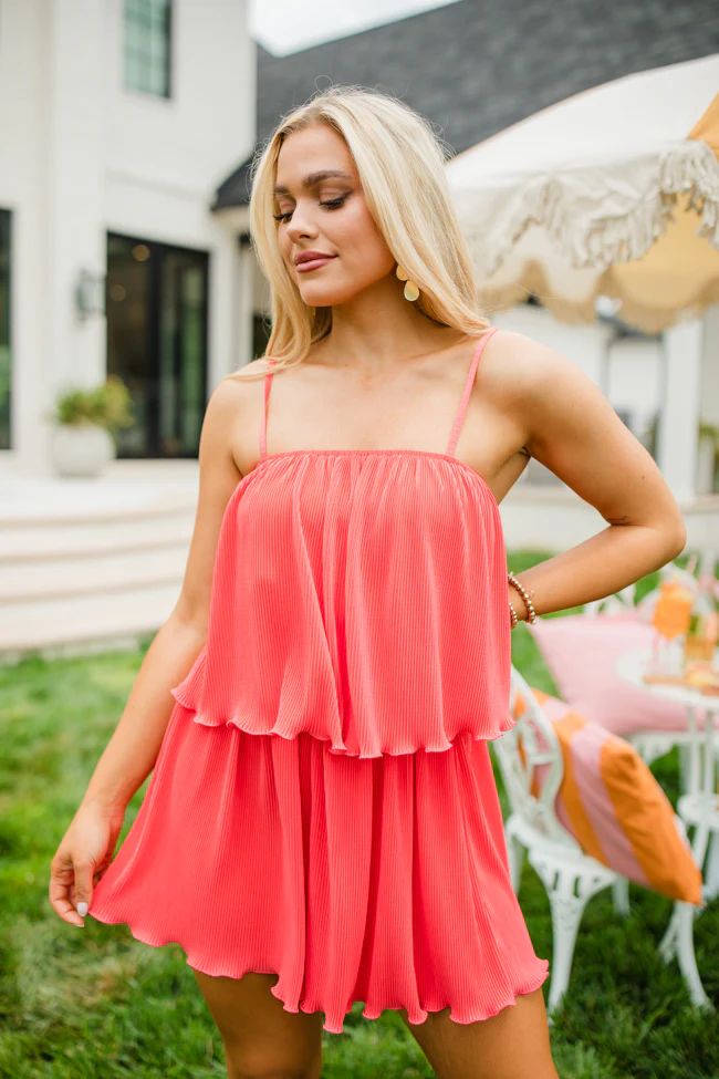In the Afterglow Hot Coral Pleated Romper | Pink Lily