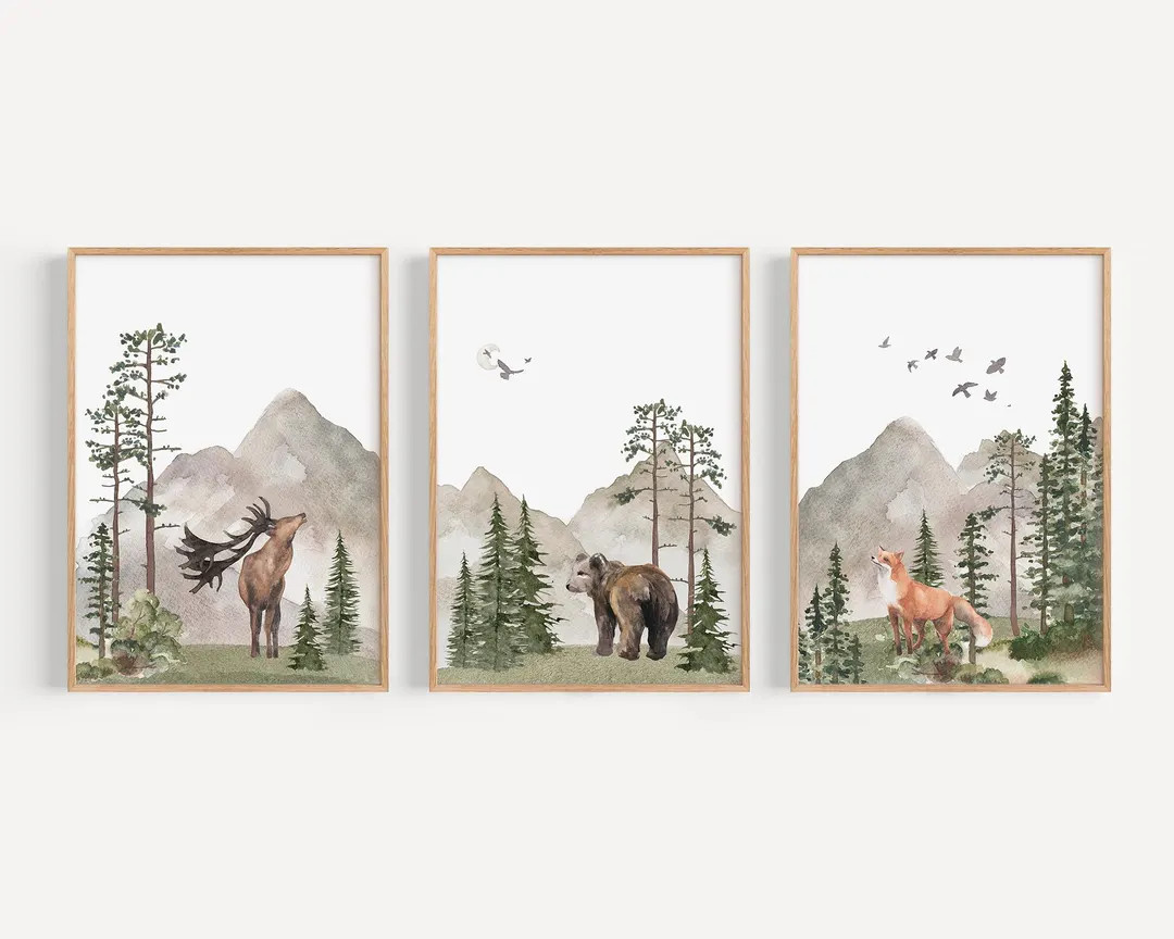 Woodland Nursery Wall Art PRINTED VERSION, Mountain Wall Art, Tree Nursery Decor Forest Nursery N... | Etsy (US)