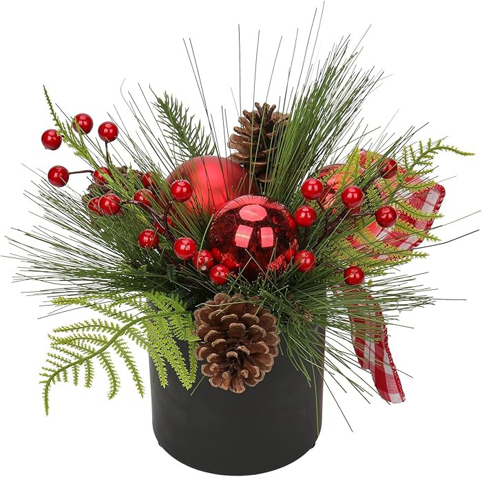 Briful 10 Inch Mini Christmas Tree Artificial Potted with Pinecones Berries and Red Xmas Ball Rib... | Amazon (US)