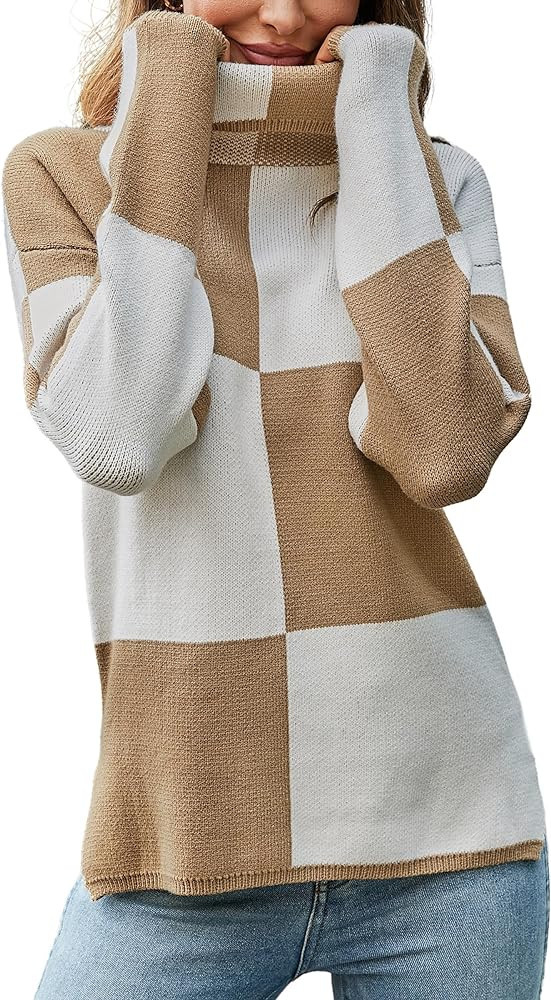 ECOWISH Women Pullover Sweater Turtleneck Plaid Long Sleeve Loose Casual Chunky Checked Knitted Winter Sweaters Jumper Tops | Amazon (US)