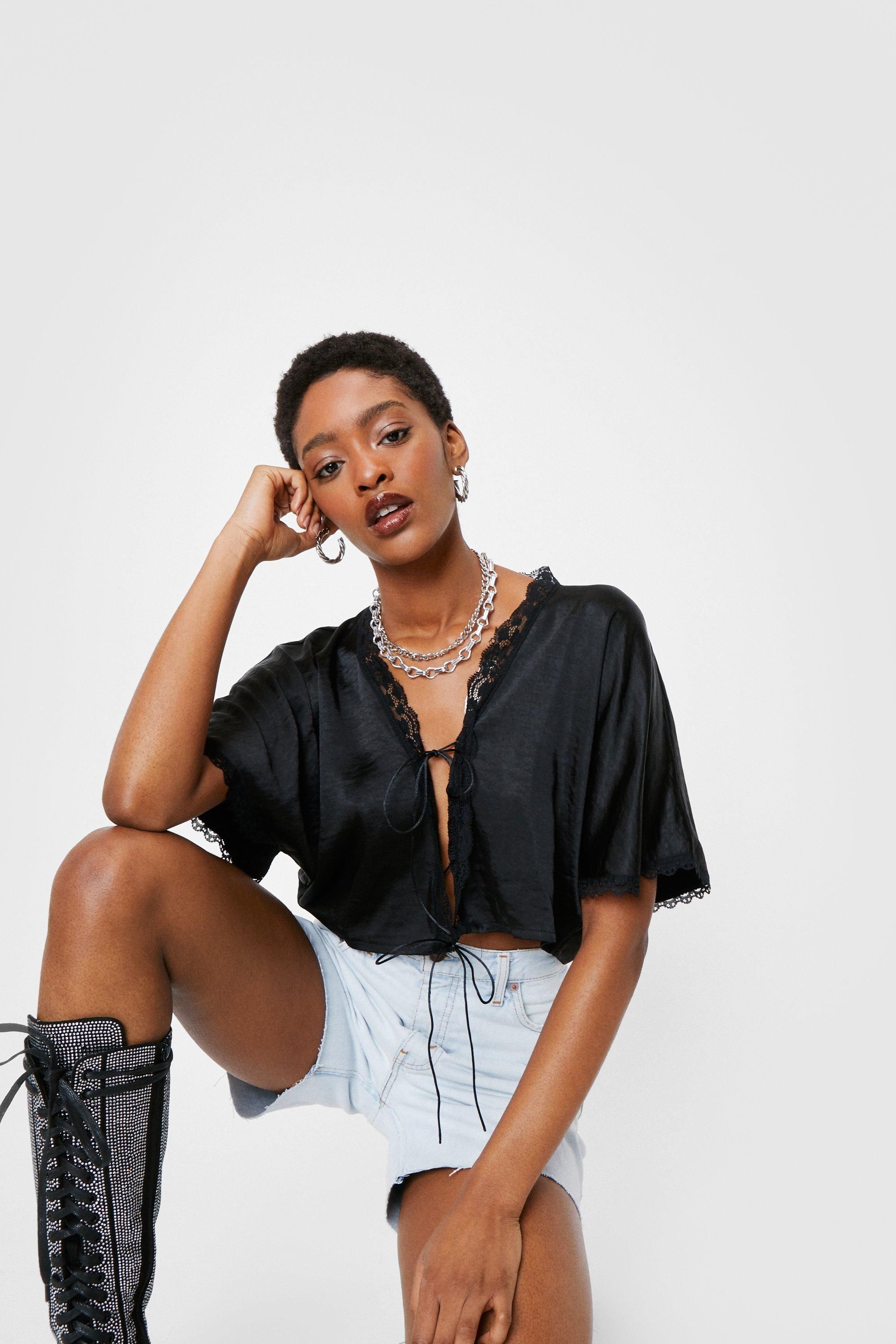 Satin Lace Cropped Tie Blouse | Nasty Gal (US)