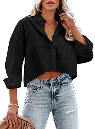 LAYOGAS Womens Crop Button Down Shirts Casual Long Sleeve Lapel Blouse with Chest Pocket Solid Co... | Amazon (US)