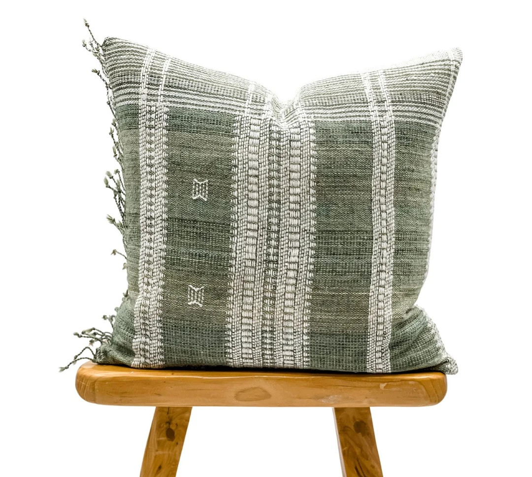 Vintage Indian Wool Pillow Cover, Wool Pillow, Light Sage Green with Cream, Green and White desig... | Etsy (US)