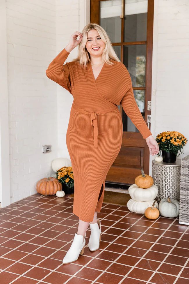 Main Event Rust Wrap Sweater Dress | The Pink Lily Boutique