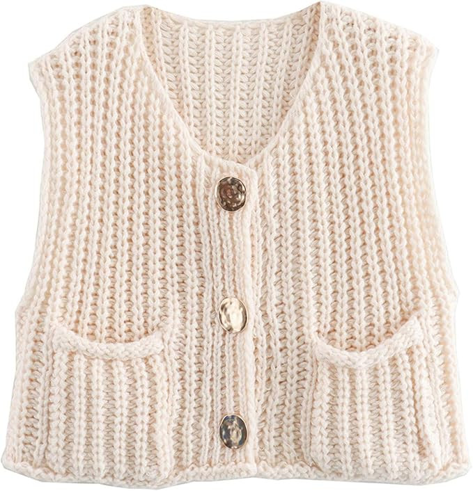 Flygo Womens Sleeveless Sweater Vest 2025 Fall Sweaters Loose Crop Knit Top Chunky Crochet Button... | Amazon (US)