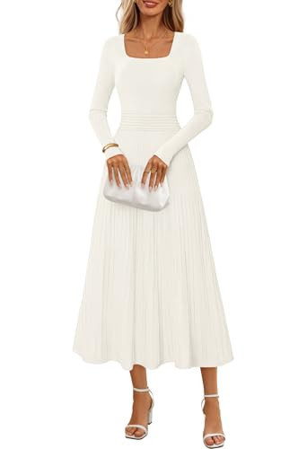 MEROKEETY Women's Sweater Dress 2025 Fall Winter Long Sleeve Square Neck Pleated Church Wedding Guest Knit Midi Dresses, White, Large | Amazon (US)