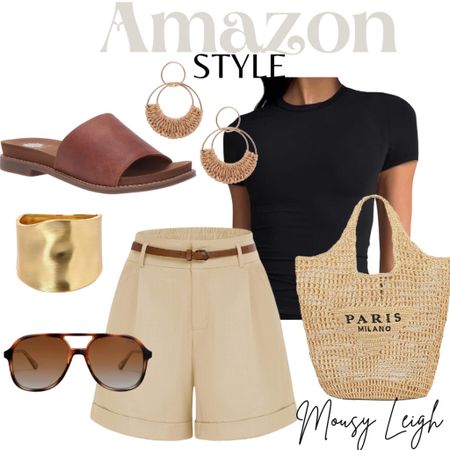 Casual and classy.

Khaki long Bermuda midi shorts, dress shorts, black t shirt, brown leather slide sandals, rattan ear rings, gold bangle bracelet, aviator sunglasses, vacation outfit, designer inspired purse bag, straw tote, brown, tan, outfit use, summer

#LTKshoecrush #LTKstyletip #LTKunder50