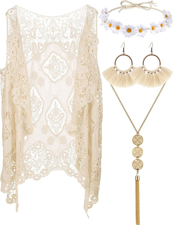 WILLBOND 4 Pieces Carnival Halloween Women Hippie Bohemian Costume Set Open Stitch Cardigan Croch... | Amazon (US)