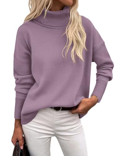 Zeagoo Women's Turtleneck Sweater 2025 Fall Winter Chunky Knitted Pullover High Low Hem Trendy Basic Jumper Top Light Purple | Amazon (US)