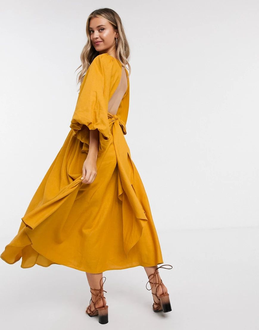 ASOS EDITION extreme sleeve linen midi dress in mustard-Yellow | ASOS (Global)