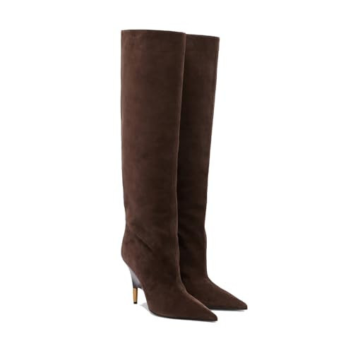 Kapxumo Women's Stiletto Knee High Boots - Pointed Toe Side Zipper Dress & Casual Tall Boots in Burgundy Faux Leather & Brown Suede | Amazon (US)