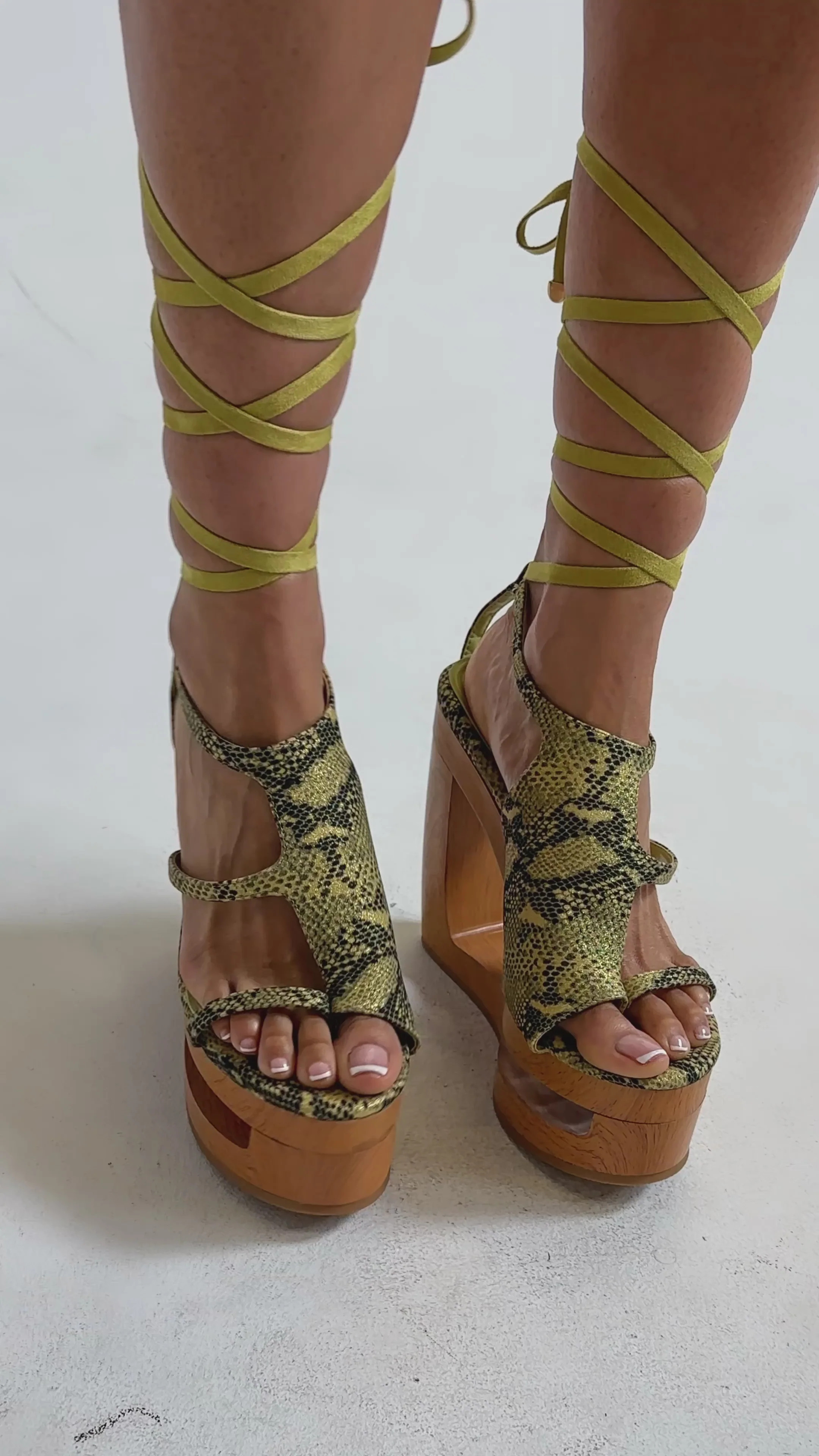 AKIRA GOLD RIN GREENSNAKE NOVELTY LACE UP WEDGE SANDAL | AKIRA