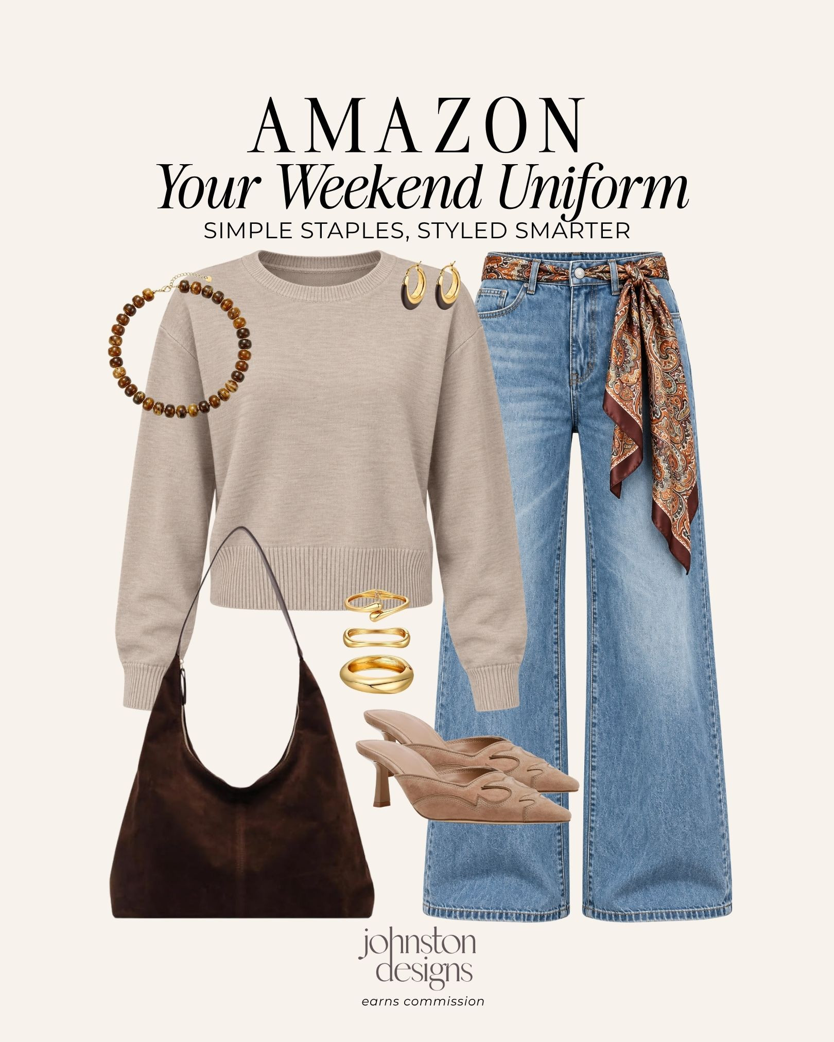 Your new weekend uniform. 🤎 A neutral sweater, wide-leg jeans, and a paisley scarf tied at the waist for a little extra personality. Finish with pointed-toe mules, a brown shoulder bag, and gold jewelry.

Amazon fall outfit, weekend outfit inspiration, neutral sweater, wide leg jeans, scarf belt, brown shoulder bag, pointed toe mules, everyday gold jewelry, casual chic style

#amazonfashion #amazonfinds #falloutfit #weekendstyle #neutralstyle #widelegjeans #scarfstyling #casualchic #affordablestyle 

 #LTKootd