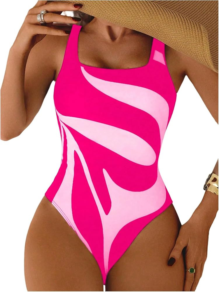 Floerns Women's One Piece Swimsuit Tummy Control Graphic Square Neck Bathing Suit | Amazon (US)