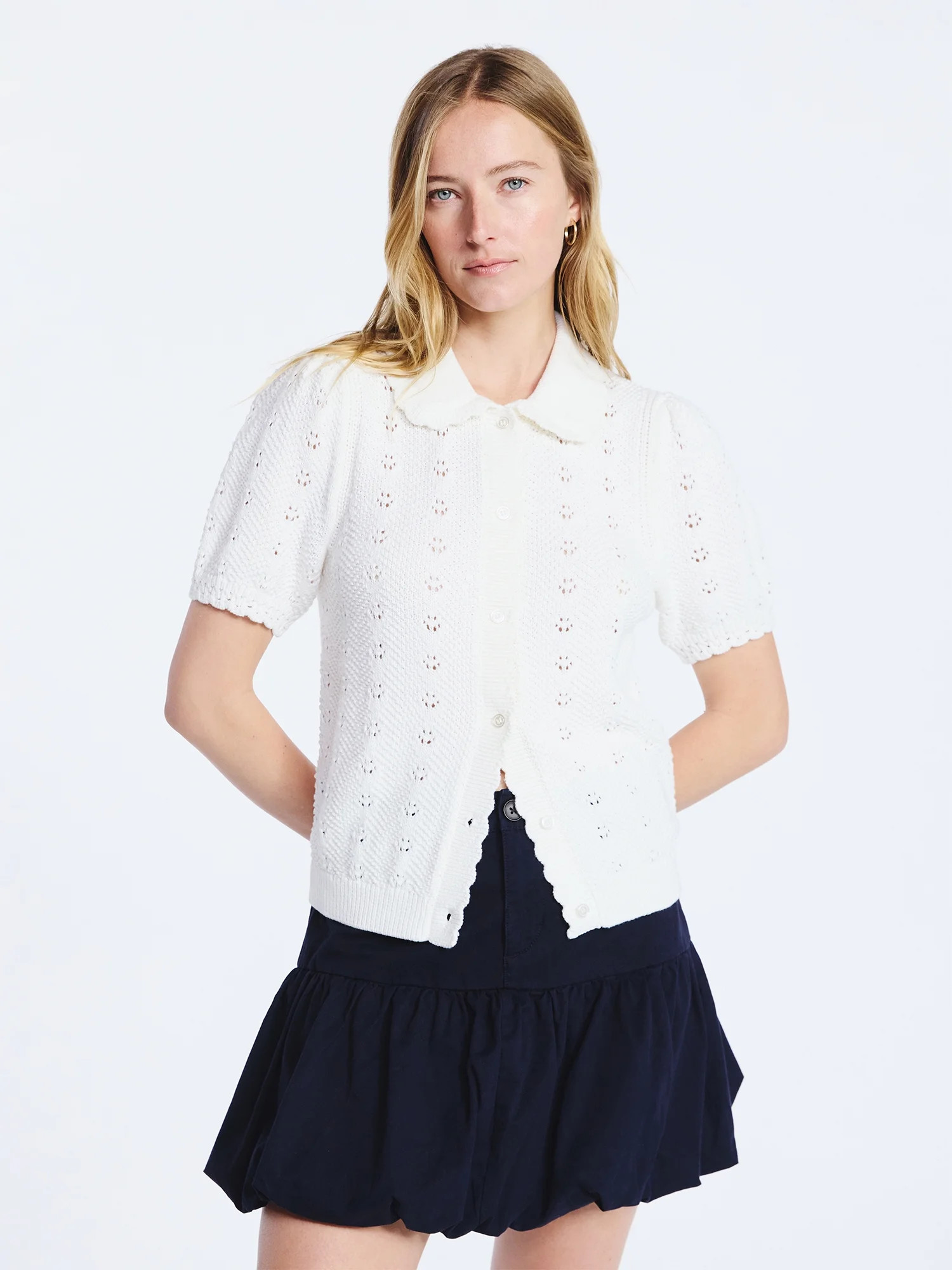 Free Assembly Women's and Women's Plus Cotton Pointelle Cardigan Sweater with Short Sleeves, Ligh... | Walmart (US)