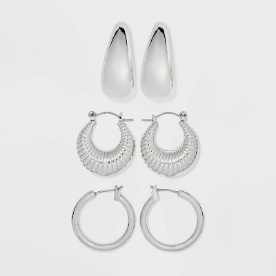 Tube/Shrimp/Wide Hoop Earring Set 3pc - Universal Thread™ Silver: Nickel-Free Metal, Clip-In Cl... | Target