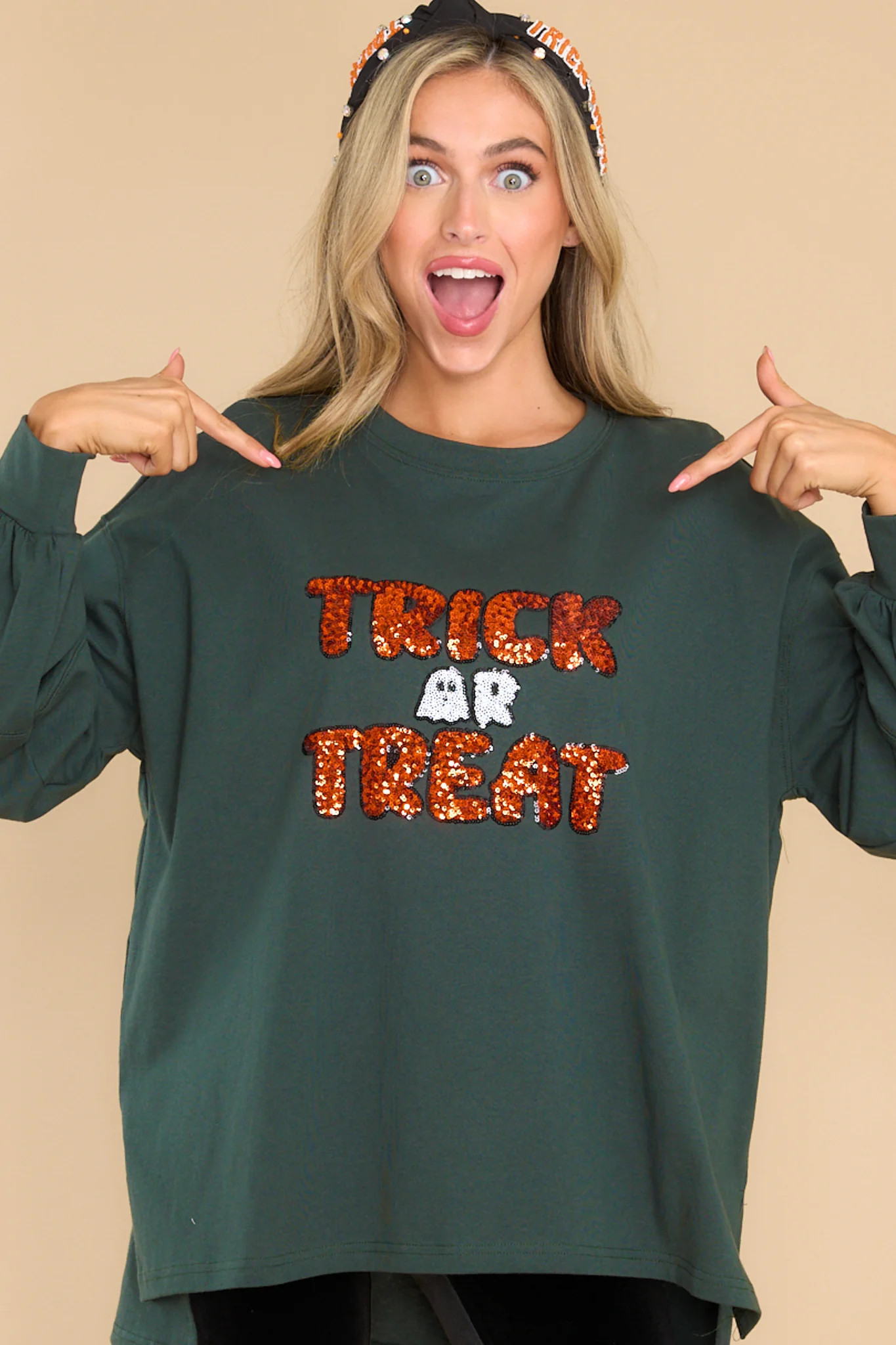 Only Here For Treats Hunter Green Top | Red Dress 