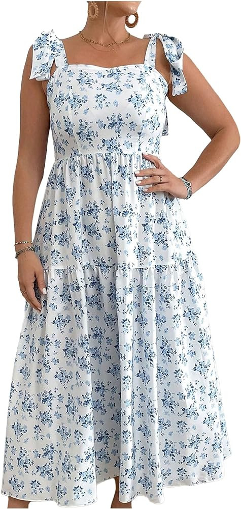 Floerns Women's Plus Size Floral Print Tie Shoulder Ruffle Hem Cami Long Dress | Amazon (US)