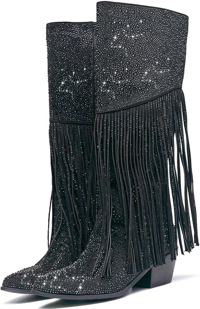 GOSERCE Rhinestone Fringe Cowboy Boots for Women Ladies Mid Wide Calf Tassel Sparkle Cowgirl West... | Amazon (US)
