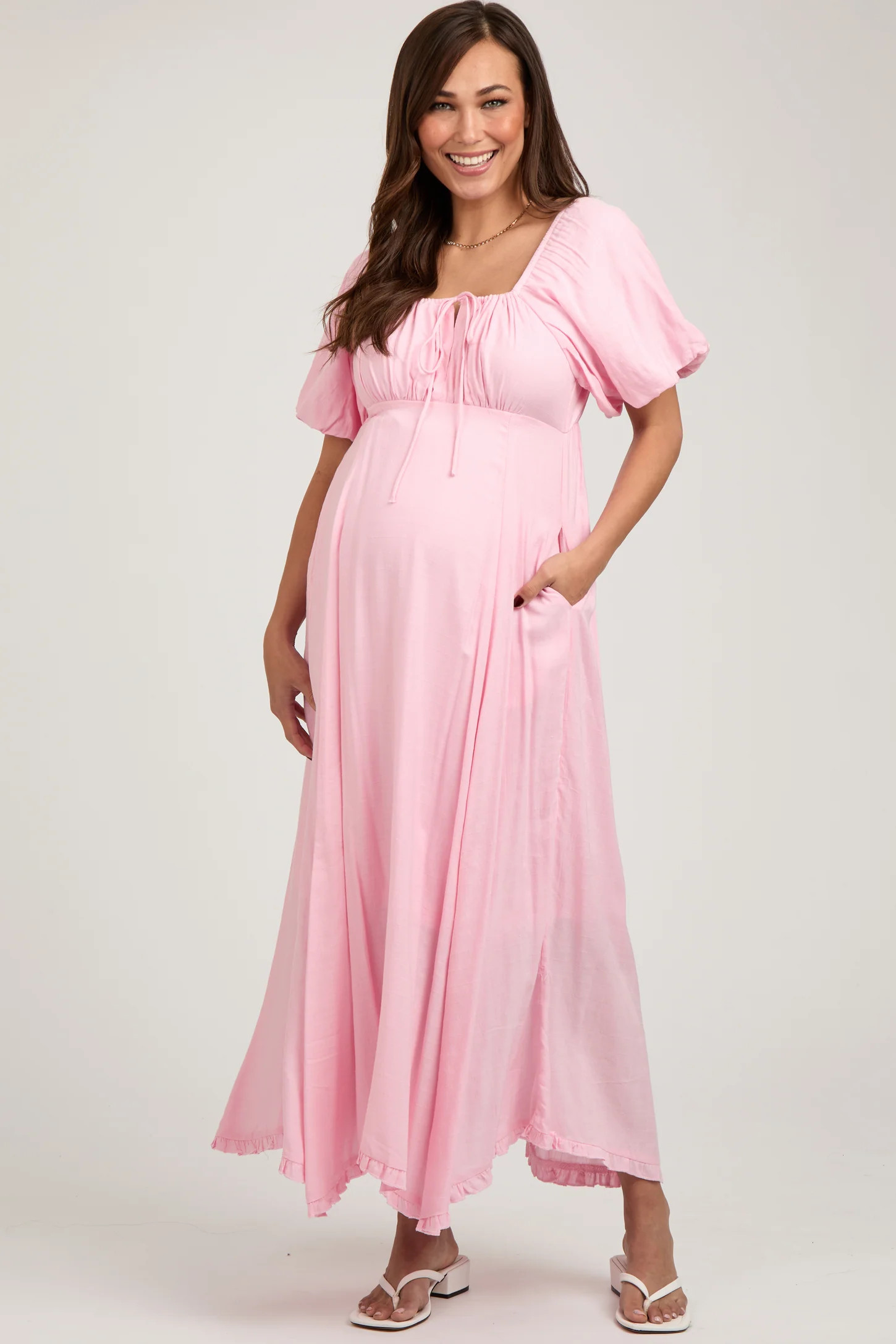 Pink Front Tie Puff Sleeve Maternity Maxi Dress | PinkBlush Maternity
