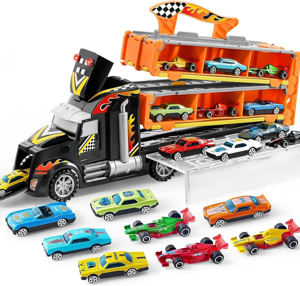 JOYIN Toy Truck for Kids,5-FT Race Track and 12 Die-Cast Metal Toy Cars, Racing Car with Lights &... | Amazon (US)