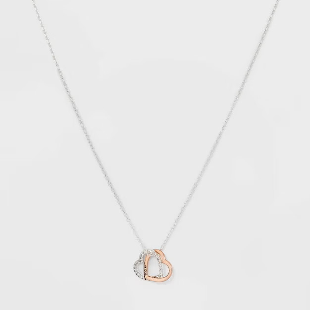 Silver Plated Cubic Zirconia 'Mom' Double Heart Two-Tone Metal Pendant Necklace - Rose Gold | Target