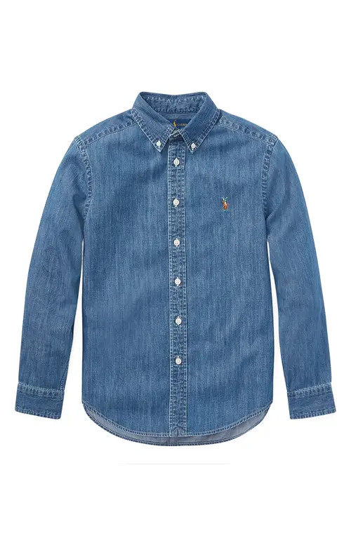 Polo Ralph Lauren Kids' Chambray Cotton Button-Down Shirt in Dark Blue at Nordstrom | Nordstrom