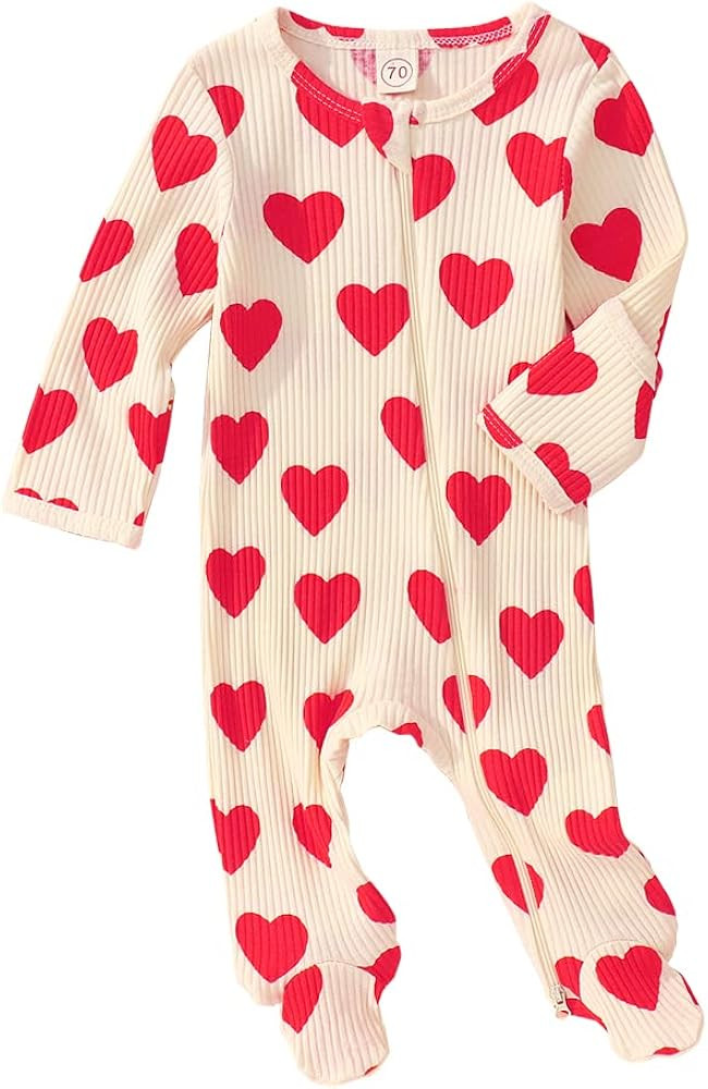 Newborn Infant Baby Girls Valentine's Day Romper Long Sleeve Bodysuit Cute Heart Print Ribbed One... | Amazon (US)
