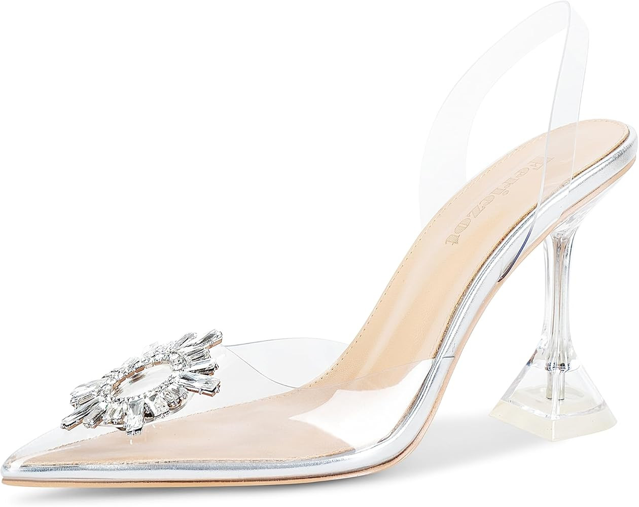 Fericzot Women's Clear Heels Shoes,Slingback Crystal Rhinestones Wedding Pointed Toe Shoes High H... | Amazon (US)