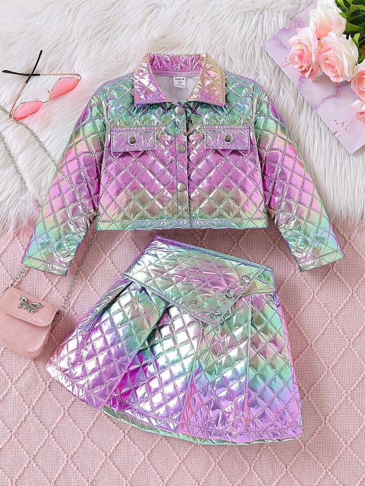 2pcs/Set Girls Fashionable Iridescent Gradient Diamond Plaid Laser Jacket + Matching Pleated Mini... | SHEIN
