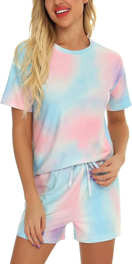 Mathea Womens 2 Piece Pajamas Set Tie Dye Printed Short Lounge Set Short Sleeve Tops and Shorts S... | Amazon (US)