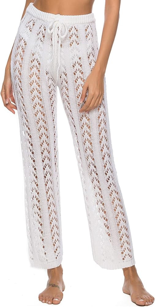 Ayliss Women Crochet Lace Swim Pants Knitted Hollow Out Cover Up Pants High Waist Fishnet Swimsuit B | Amazon (US)