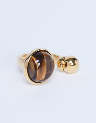 Topshop Rae stainless steel ring with tiger eye stone in gold | ASOS (Global)