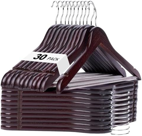 HOUSE DAY Cherry Wooden Hangers 30 Pack, Solid Wood Hanger with Non Slip Pant Bar, Heavy Duty Woo... | Amazon (US)