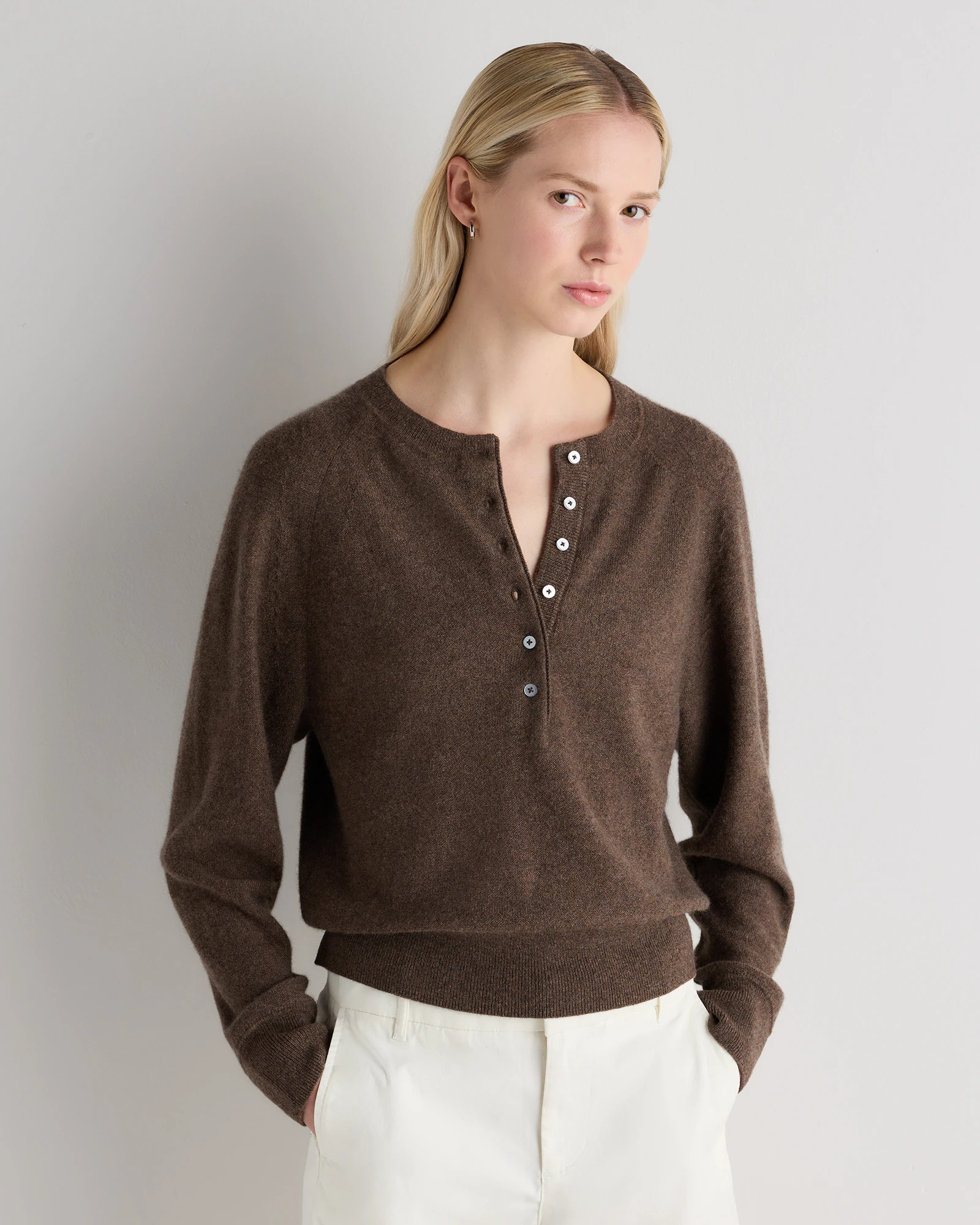 Quince | Women's Mongolian Cashmere Dolman Sleeve Henley Sweater in Heather Grey, Size Small | Quince