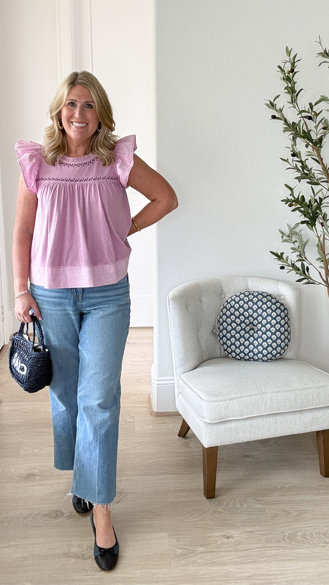 Flutter sleeve top is 100% cotton. Relaxed fit. Runs tts.
Jeans are a kick flare with raw hem. Stretchy! Comfortable!! Run tts.

#LTKOver40 #LTKSeasonal #LTKootd