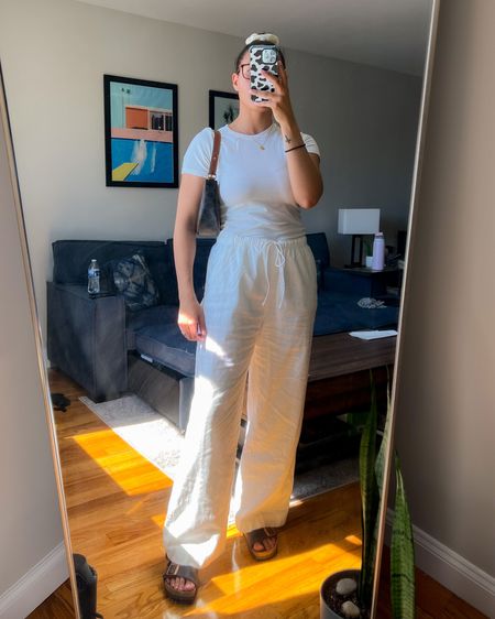 Linen pants, wide leg pants, drawstring pants, all white outfit, comfy casual, white t-shirt, fitted t-shirt, birkenstock sandals, birkenstock arizona, casual spring ootd, spring outfits

#LTKSeasonal #LTKstyletip