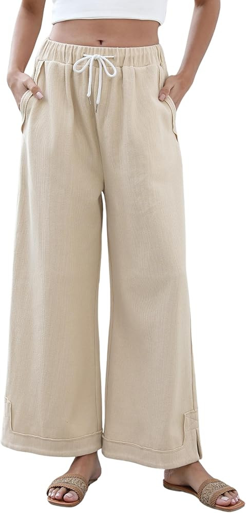 Athlisan Womens Baggy Wide Leg Palazzo Pants Casual Loose Drawstring Elastic Waisted Lounge Trous... | Amazon (US)