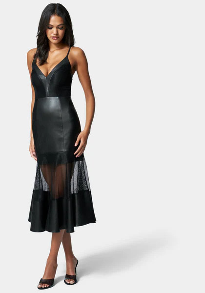 Mesh And Vegan Leather Flare Dress | Bebe