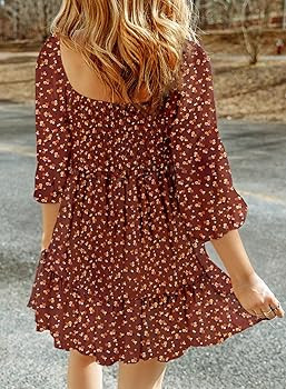Dokotoo Womens Summer Fall Dresses 2024 Boho Floral Square Neck Smocked 3/4 Sleeve Casual A-Line ... | Amazon (US)