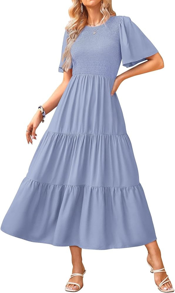 KIRUNDO Summer Dresses for Women 2026 Spring Casual Flutter Short Sleeve Wedding Guest Smocked Fl... | Amazon (US)